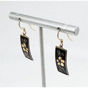 Leighton Lam Hawaiian Hibiscus Flower Gold Plated Black Floral Dangle Earrings